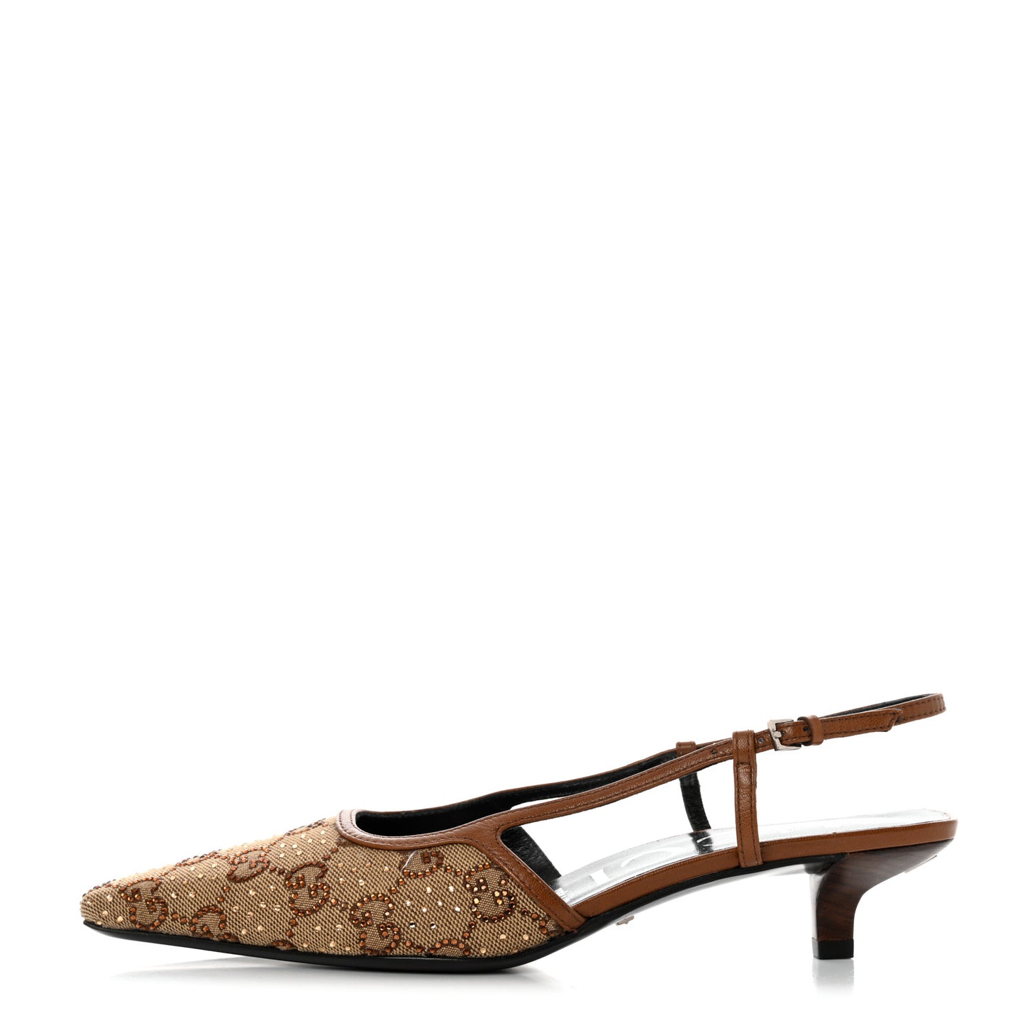 GG Monogram Malaga Kid Crystal Square G 35mm Slingback Pumps 37.5 Camel Ebony Cuir