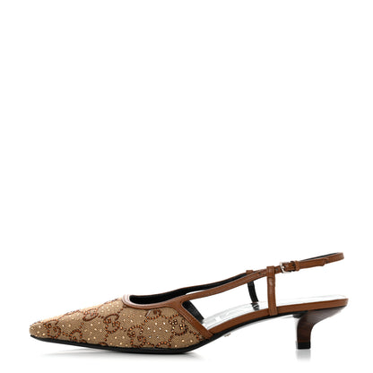 Gucci GG Monogram Malaga Kid Crystal Square G 35mm Slingback Pumps 37.5 Camel Ebony Cuir 1 of 9