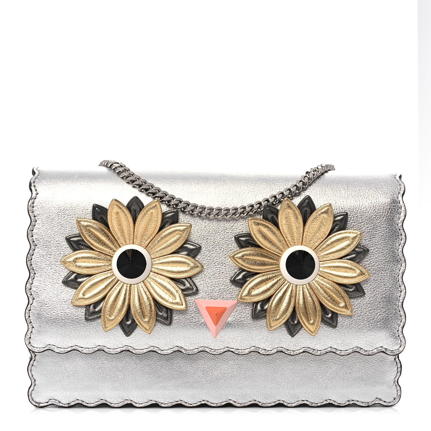 Metallic Vitello Hypnoteyes Scalloped Tube Wallet on Chain Silver