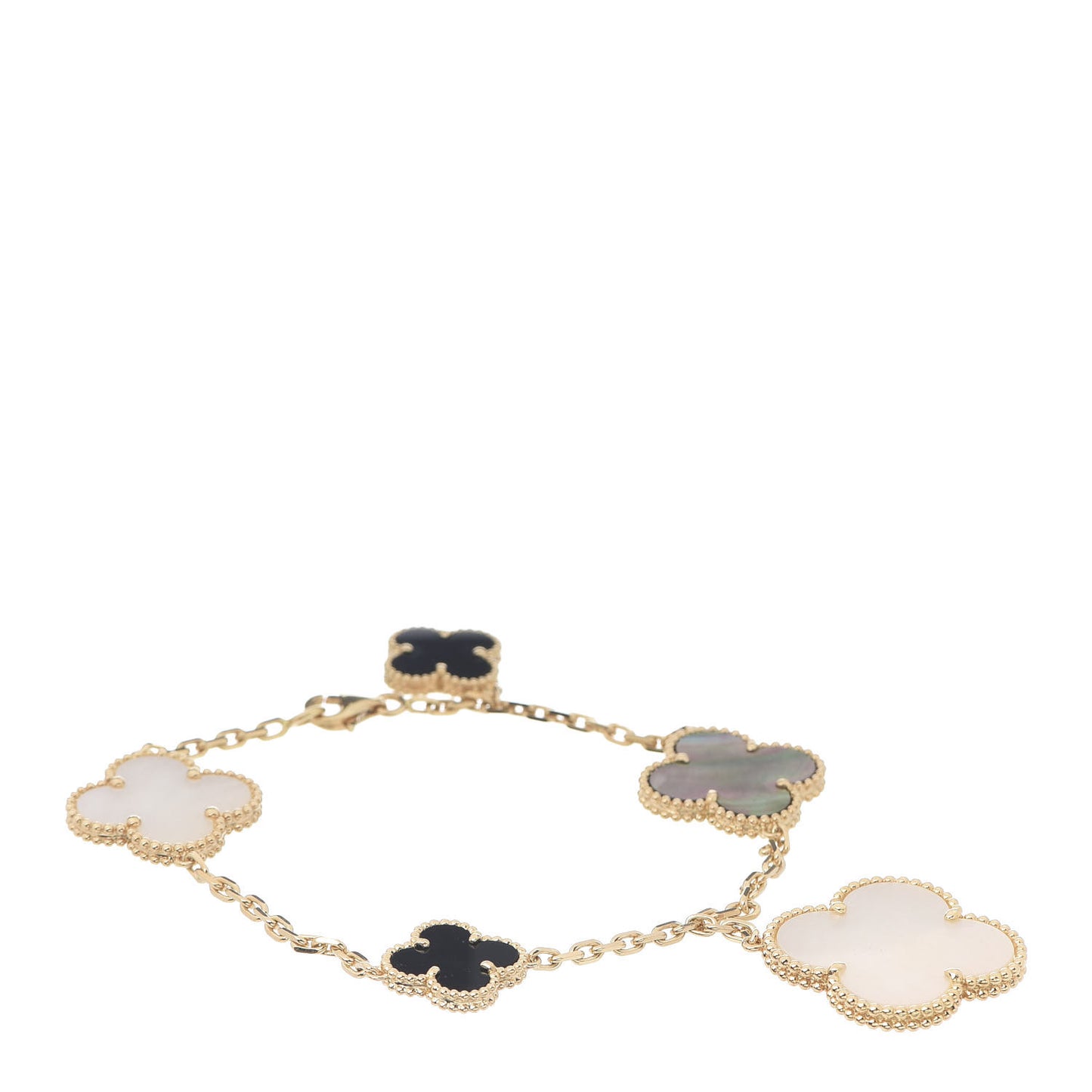 18K Yellow Gold Grey Mother of Pearl Black Onyx 5 Motifs Magic Alhambra Bracelet