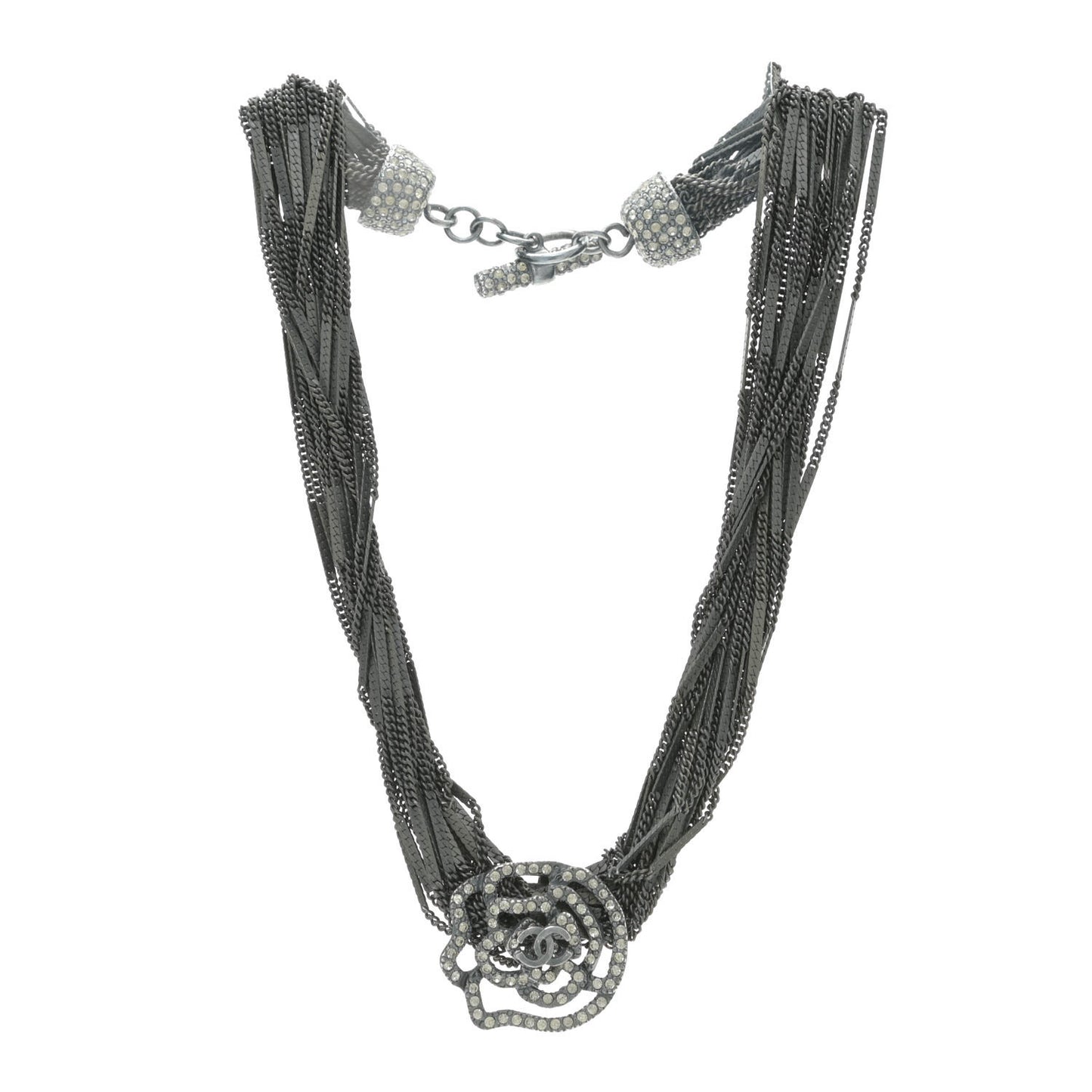 Ruthenium Crystal CC Camellia Multi Strand Necklace Dark Grey