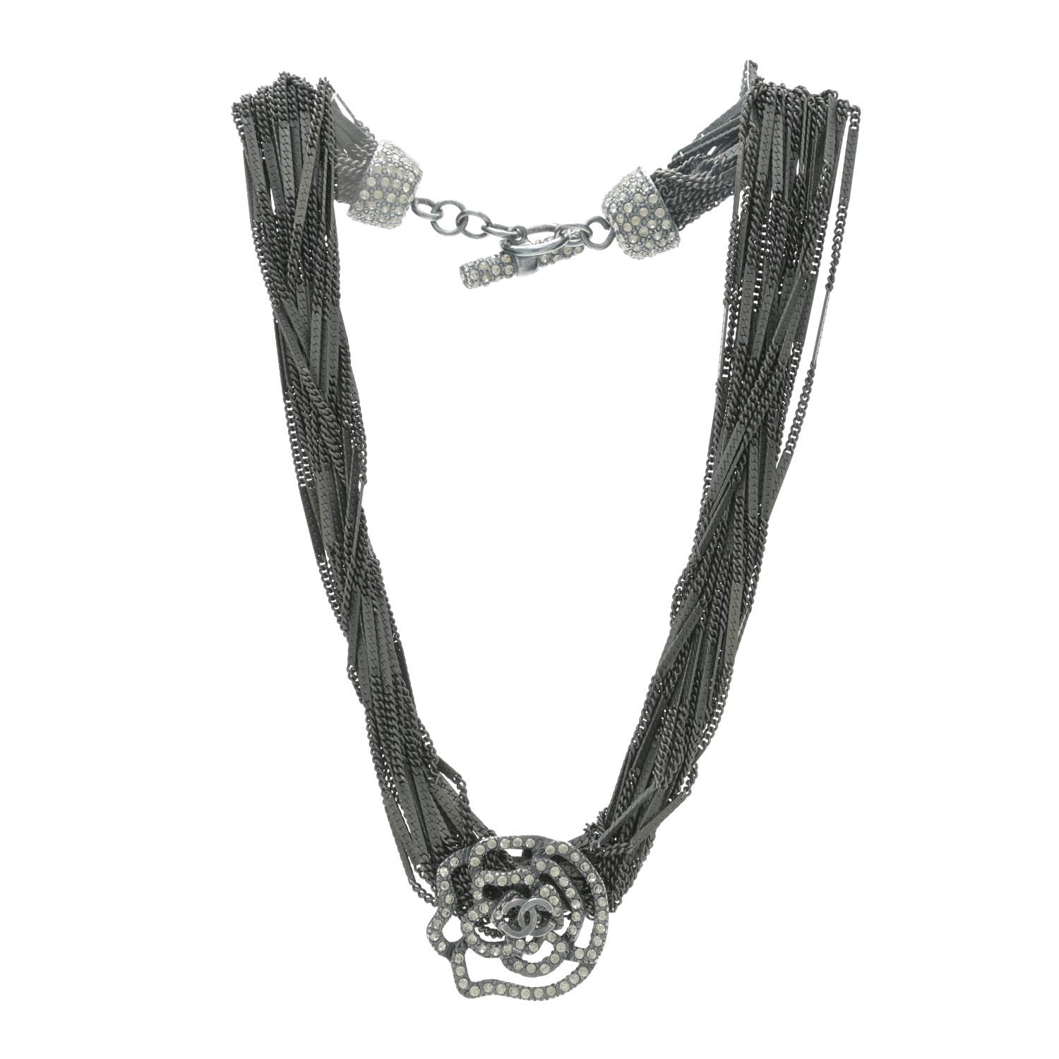 Chanel Ruthenium Crystal CC Camellia Multi Strand Necklace Dark Grey 3 of 5