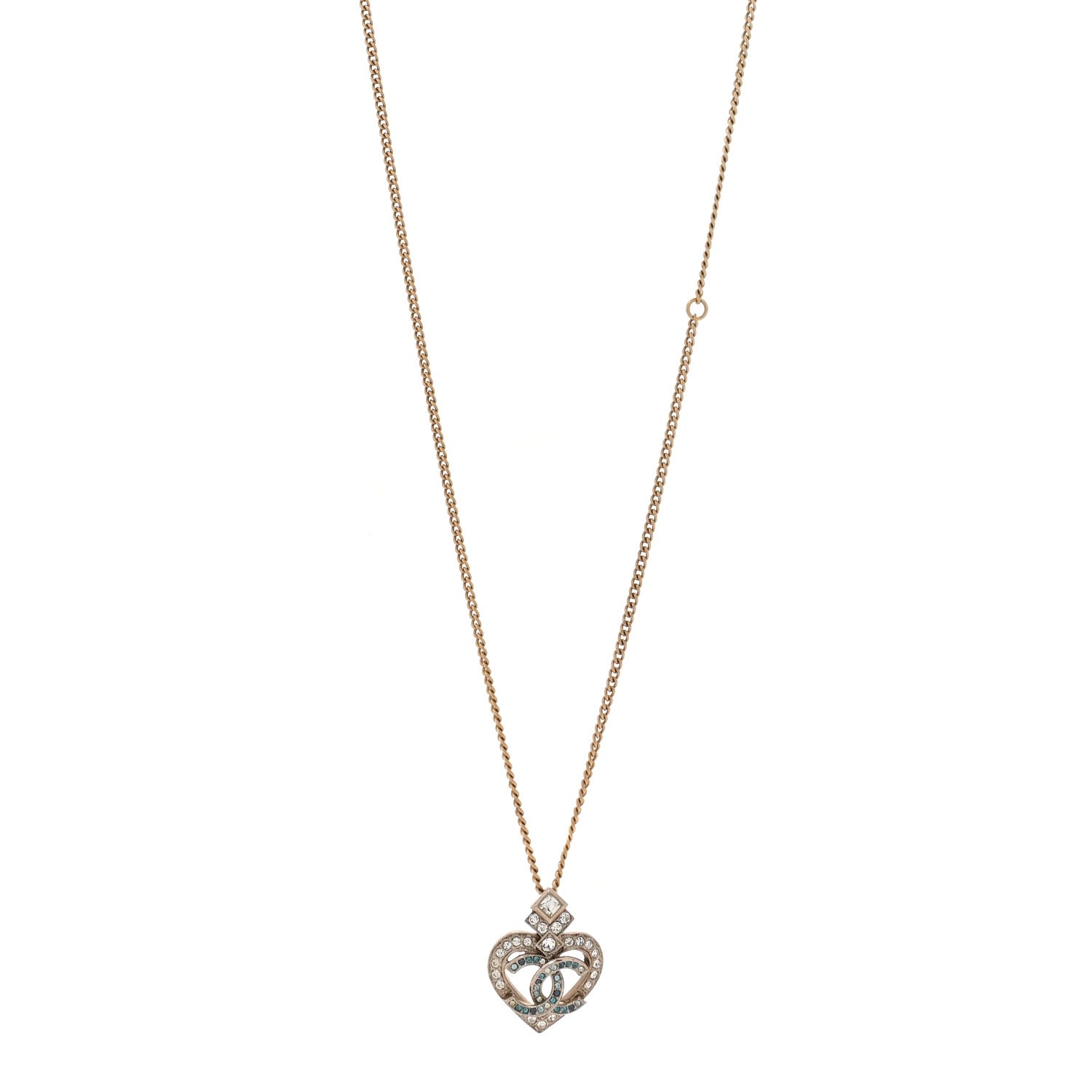 Chanel Crystal Heart CC Pendant Necklace Gold Silver Blue 1 of 5
