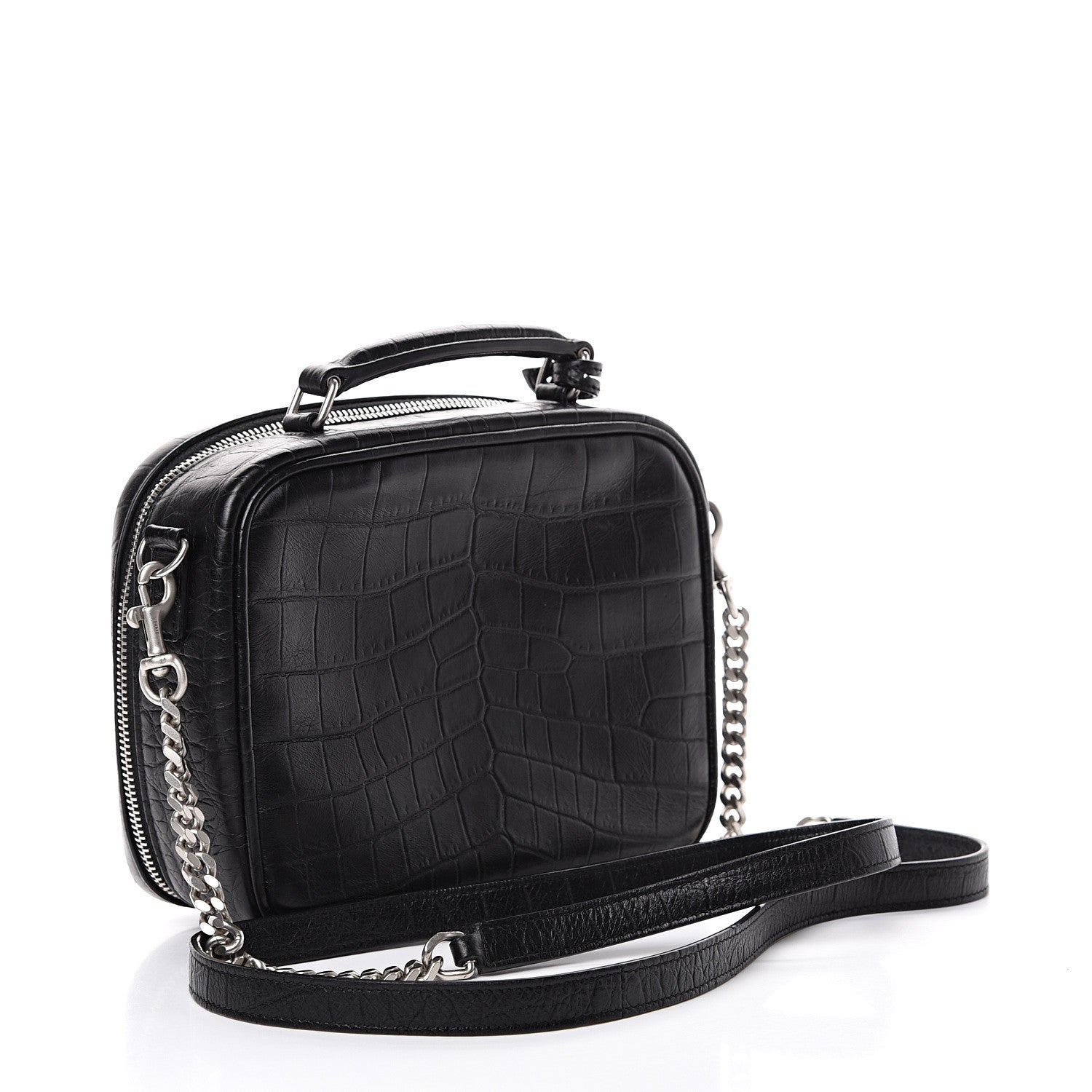 Saint Laurent Calfskin Crocodile Embossed Monogram Lunch Box Bag Black 2 of 15