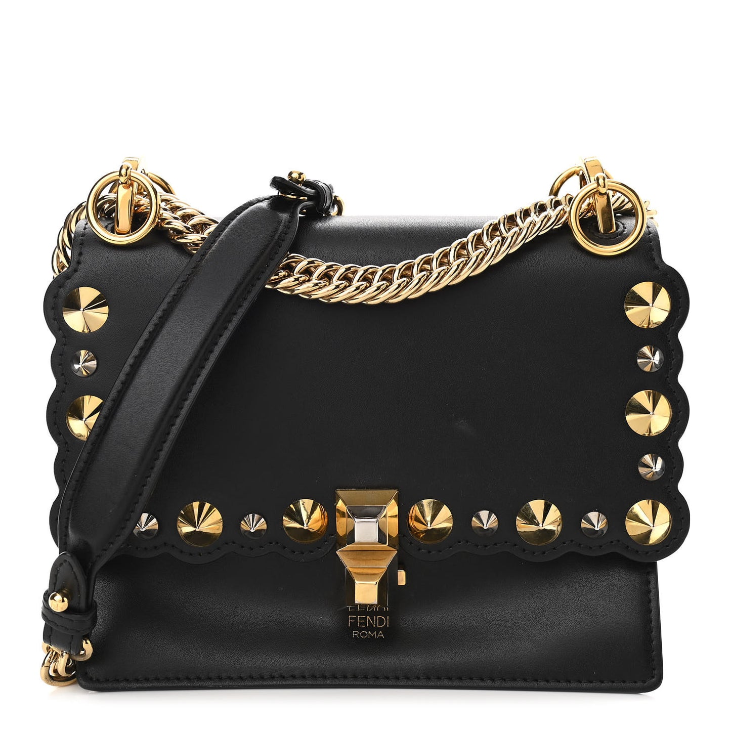 Vitello Liberty Metal Scalloped Multi Studded Small Kan I Shoulder Bag Black