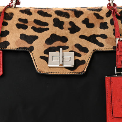 Prada Tessuto Cavallino Ostrich Leopard Print Tote Black Miele Rosso 8 of 12