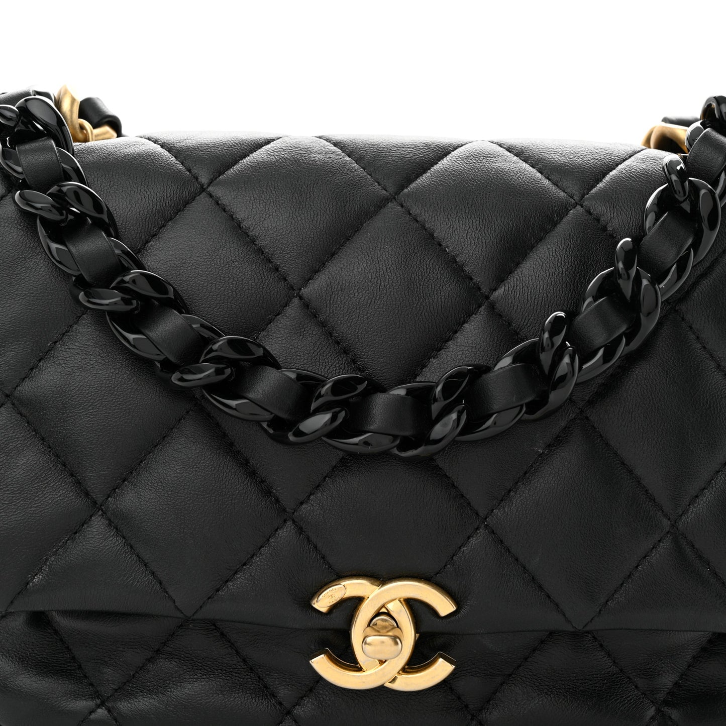 Lambskin Quilted Small Lacquered Chain Flap Black