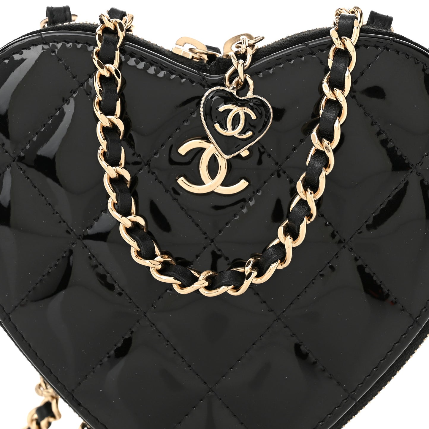 Patent Calfskin Resin Quilted CC Heart Clutch With Chain Black