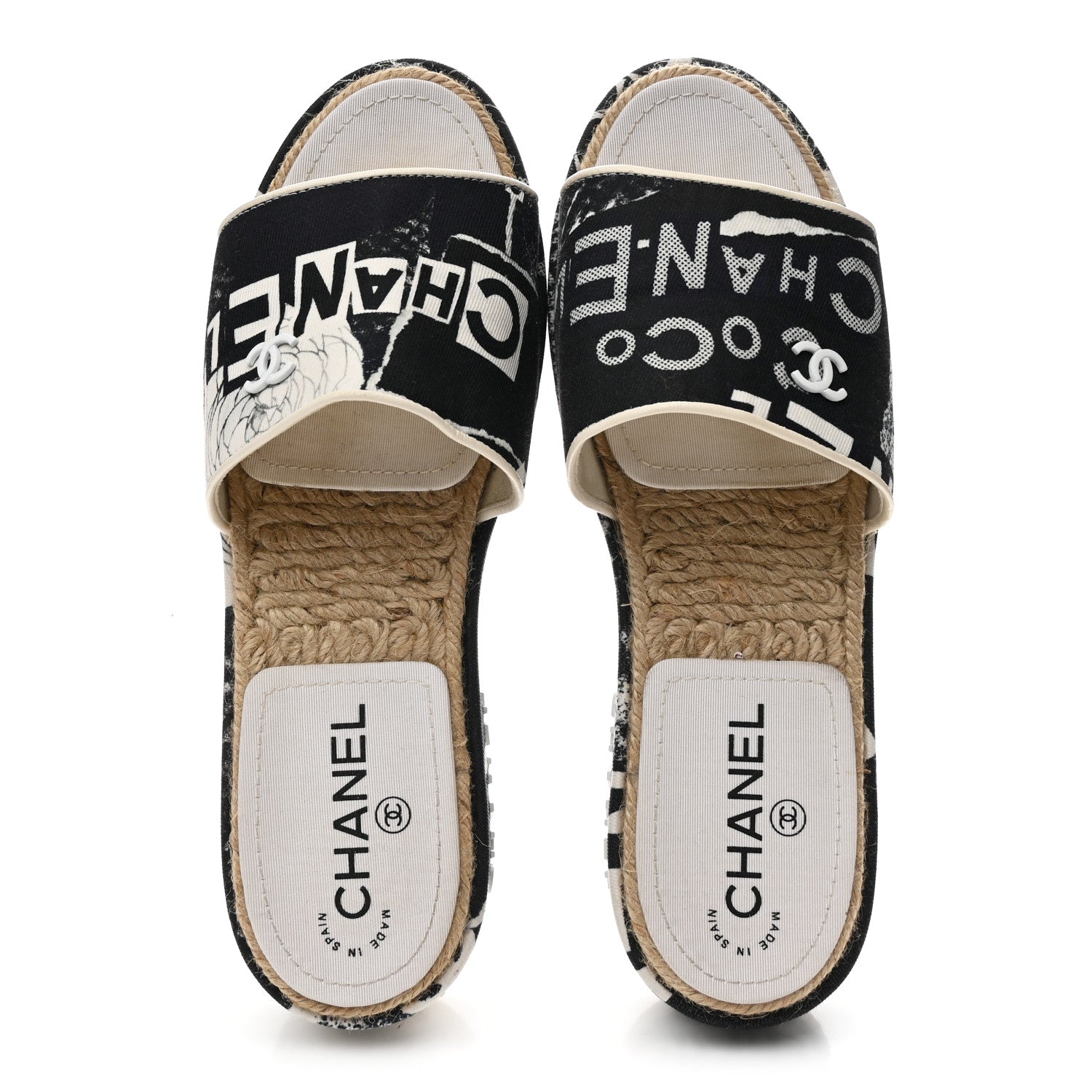 Chanel Fabric Grosgrain Printed CC Espadrille Slip On Sandals 40 Black White 2 of 10