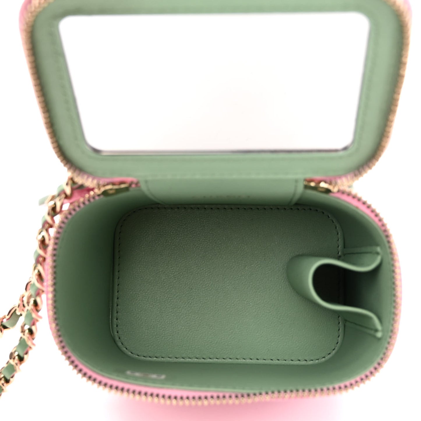 Lambskin Quilted Top Handle Mini Vanity Case With Chain Pink Green