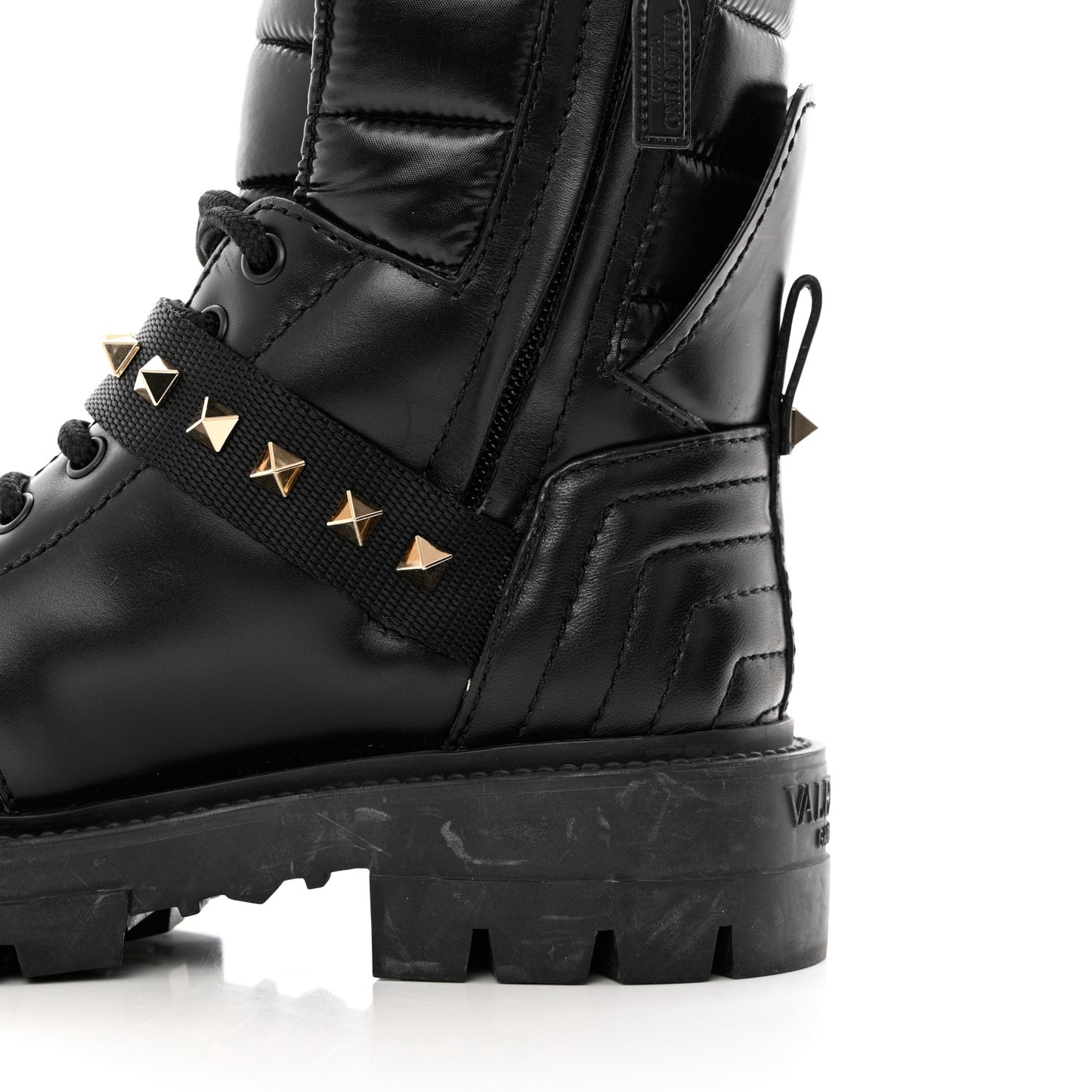 Calfskin Nylon Quilted Waterproof Rockstud Combat Boots 35.5 Black
