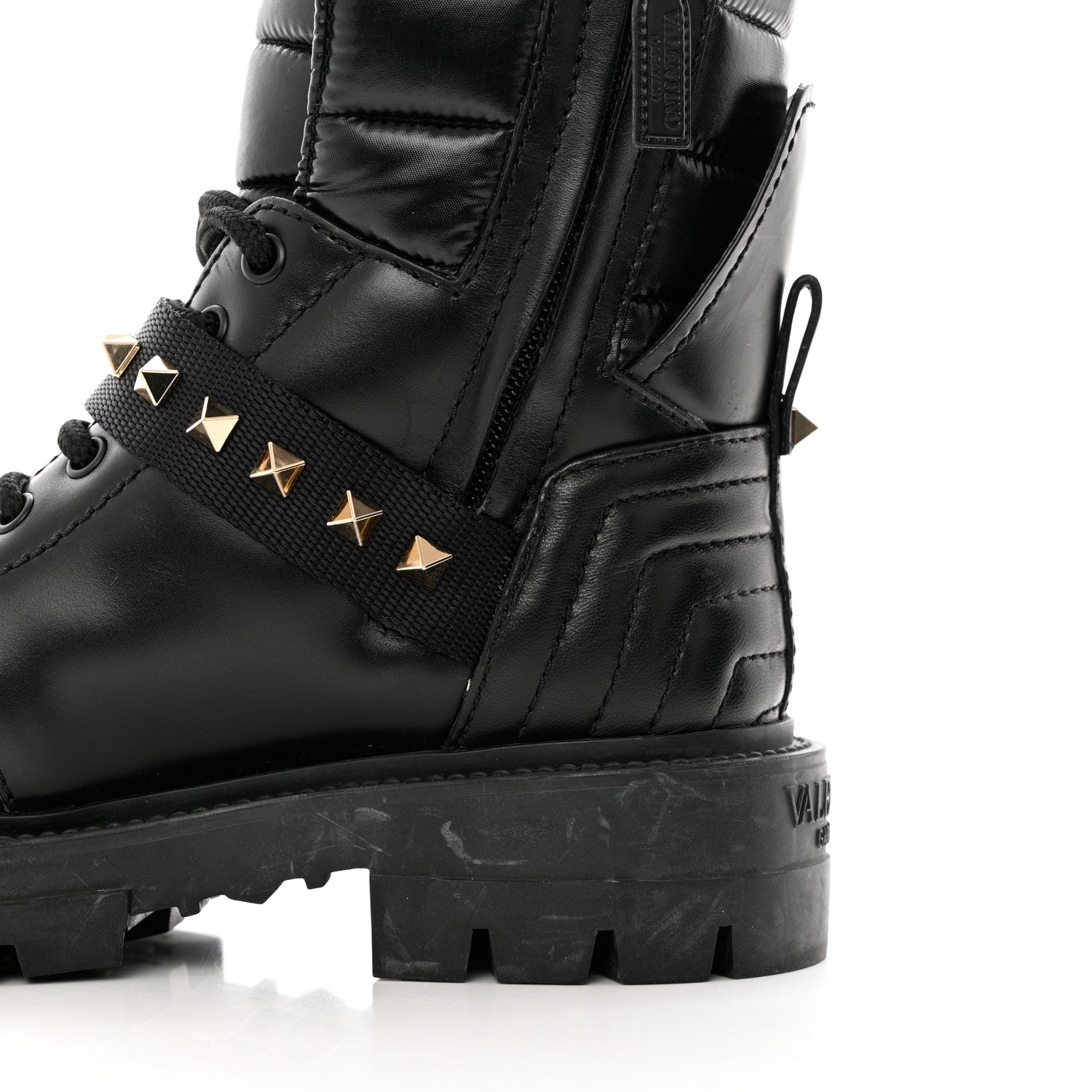 Valentino Garavani Calfskin Nylon Quilted Waterproof Rockstud Combat Boots 35.5 Black 9 of 10
