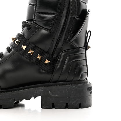 Valentino Garavani Calfskin Nylon Quilted Waterproof Rockstud Combat Boots 35.5 Black 9 of 10