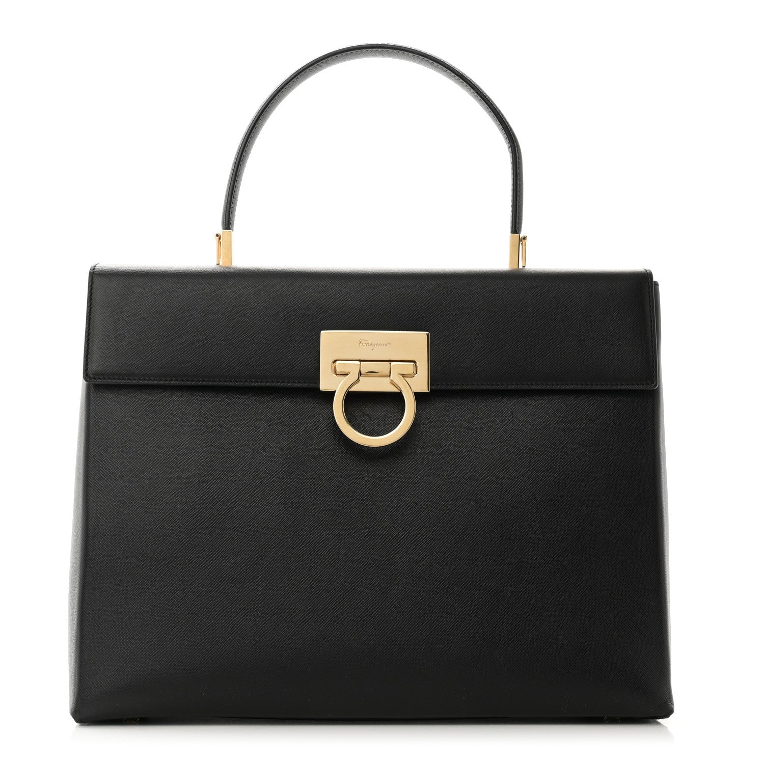 Salvatore Ferragamo Hammered Calfskin Iconic Large Top Handle Bag Black 1 of 10