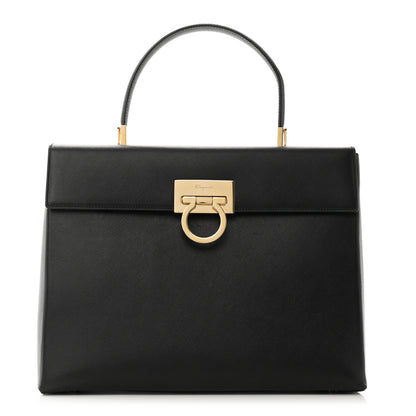 Salvatore Ferragamo Hammered Calfskin Iconic Large Top Handle Bag Black 1 of 10