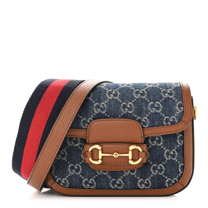 Gucci New Denim GG Monogram Dollar Calfskin Web Mini Horsebit 1955 Shoulder Bag Blue Tea Cuir Epilog 1 of 10