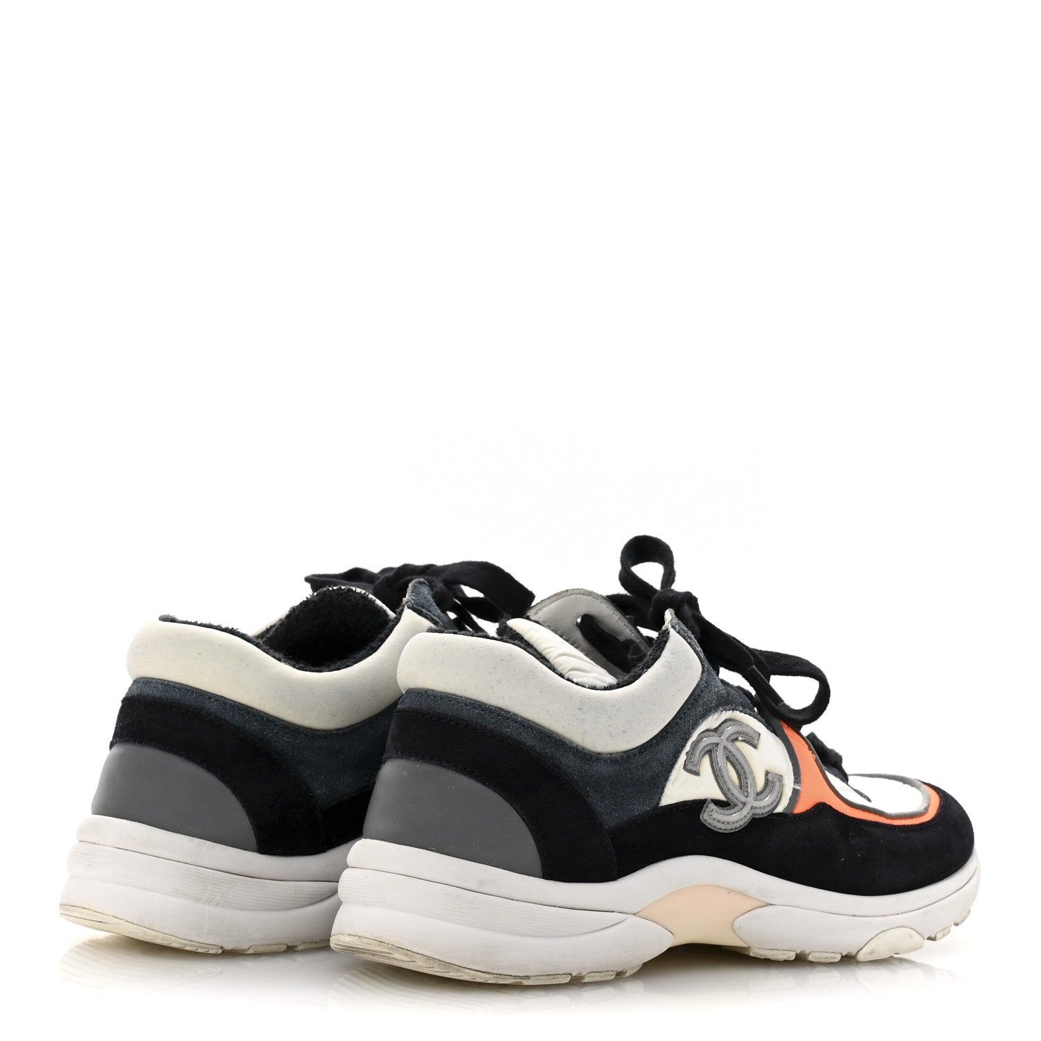 Chanel Nylon Calfskin Suede CC Womens Sneakers 35.5 Navy White Orange 5 of 11