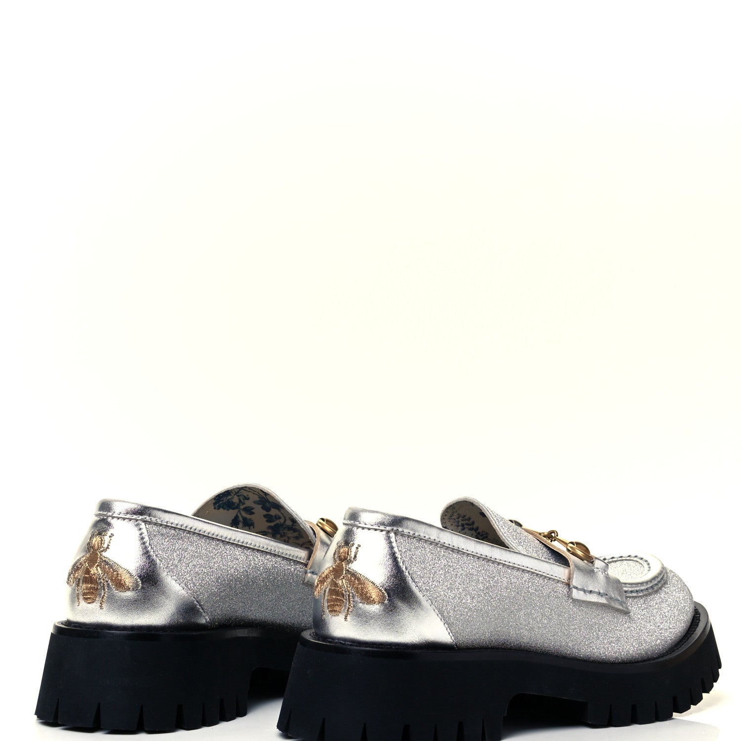 Gucci Mini Diamond Storm Silk Calfskin Womens Harald Horsebit 25mm Platform Loafers 38.5 Silver 4 of 7