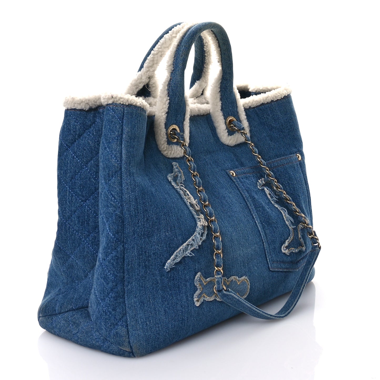 Denim Shearling Hieroglyph Coco Tote Blue