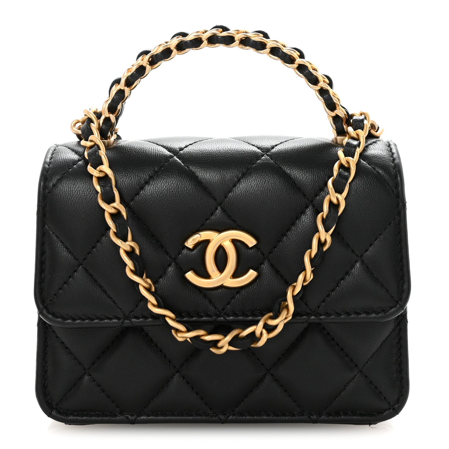 Lambskin Quilted Chain Top Handle Clutch With Chain Black