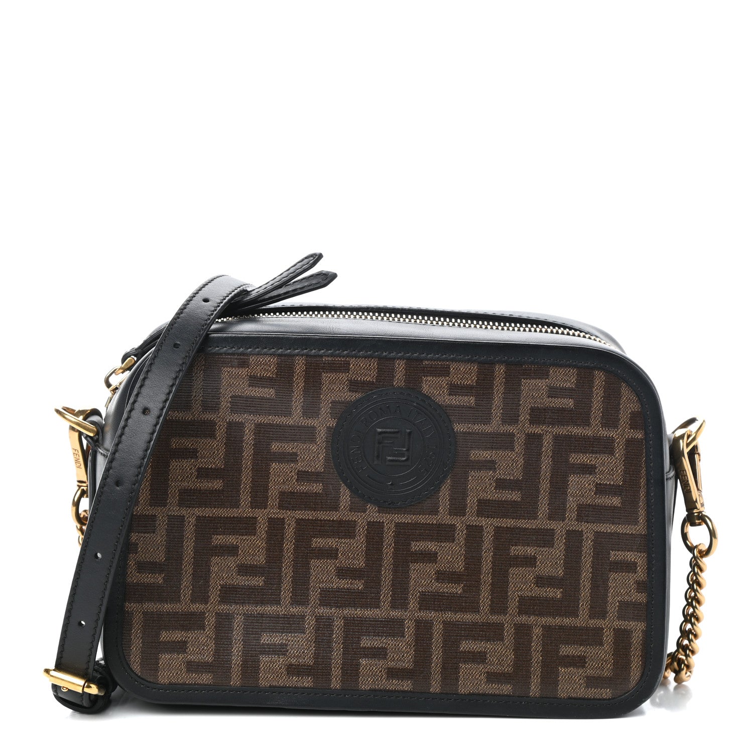 Fendi Glazed Fabric Vitello Century FF 1974 Stamp Patch Camera Case Mogano Panna Black 1 of 9