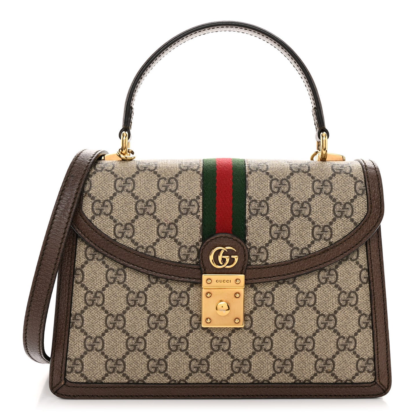 GG Supreme Monogram Textured Dollar Calfskin Web Small Ophidia Padlock Top Handle Bag Beige Ebony New Acero