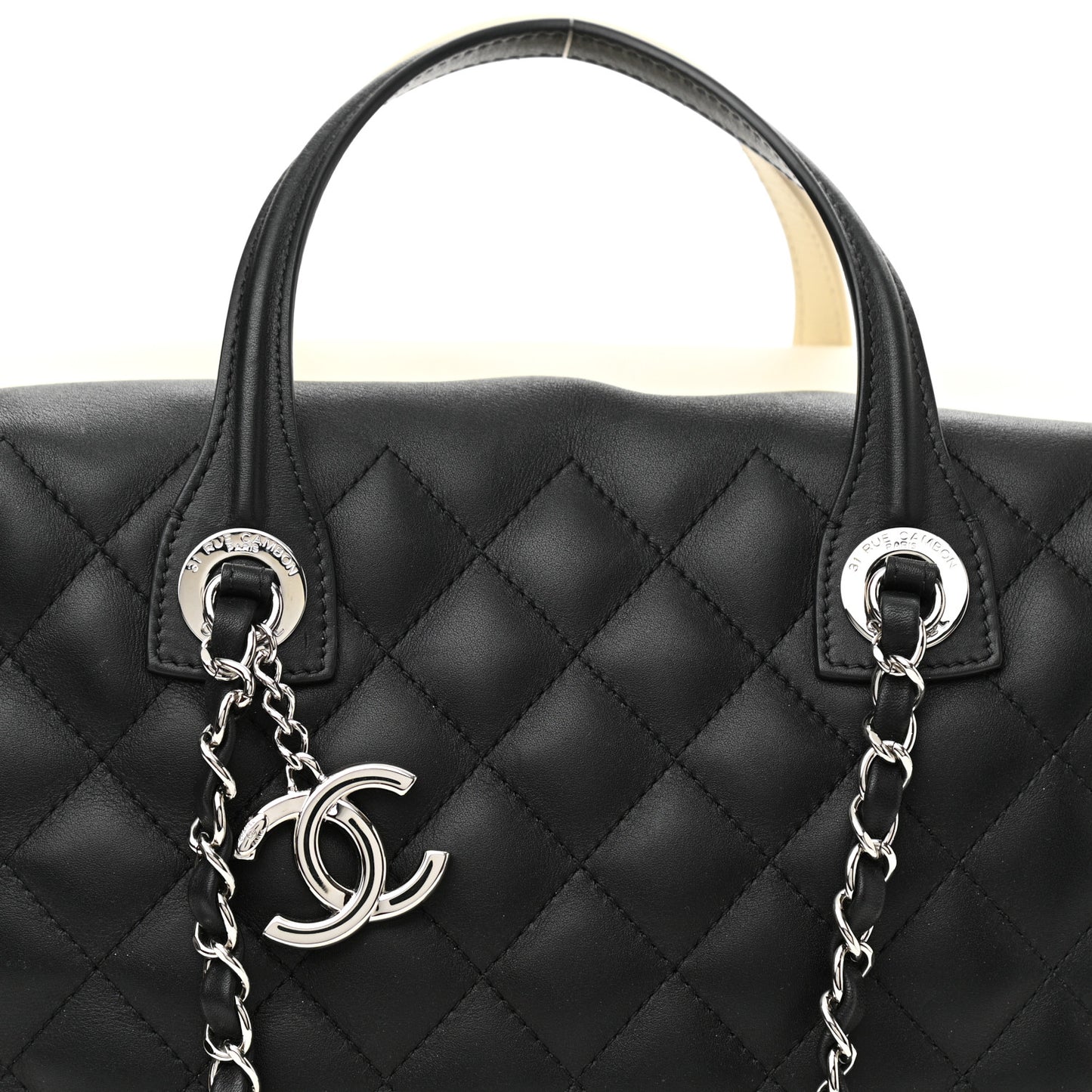 Calfskin Quilted Large Feather Weight Bowling Bag Black Ivory