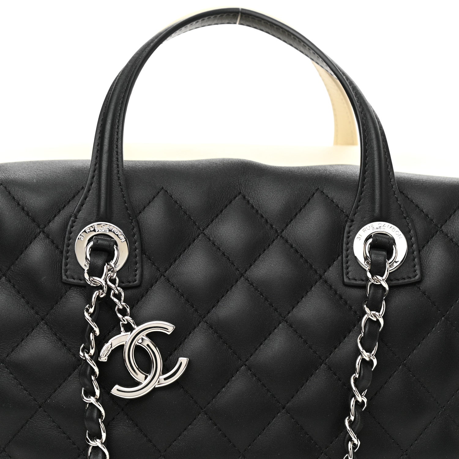 Chanel Calfskin Quilted Large Feather Weight Bowling Bag Black Ivory 7 of 10