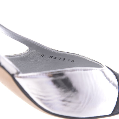 Chanel Laminated Lambskin Grosgrain Cap Toe CC Slingback Sandals 36 Silver Black 10 of 13