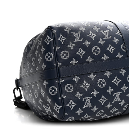 Louis Vuitton Calfskin Shadow Monogram Keepall Bandouliere 50 Ink Blue White 7 of 8