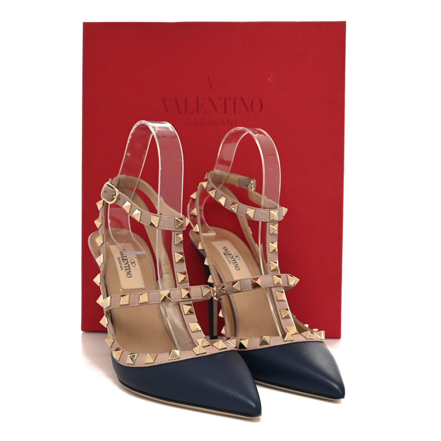 Calfskin Nappa Rockstud Ankle Strap 100mm Pumps 37 Marine Poudre