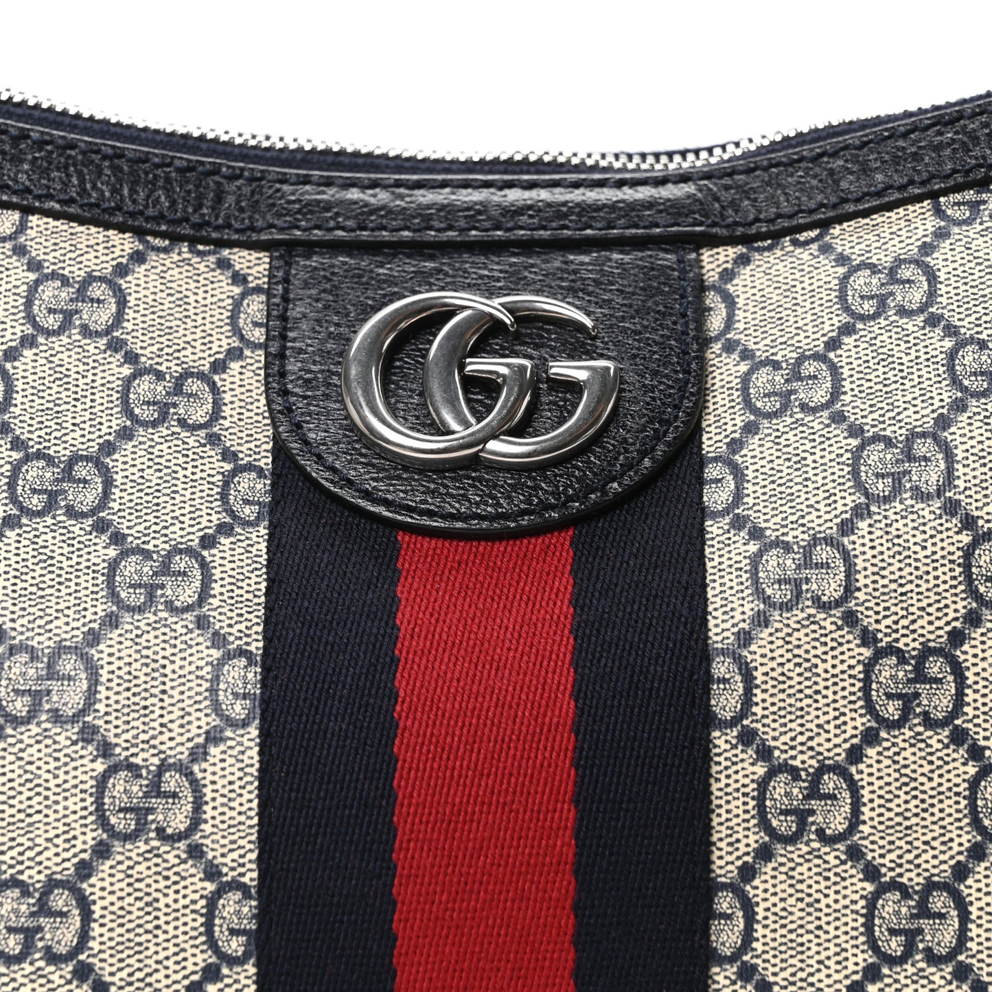 GG Supreme Monogram Textured Dollar Calfskin Web Small Ophidia Half Moon Hobo Beige Blue