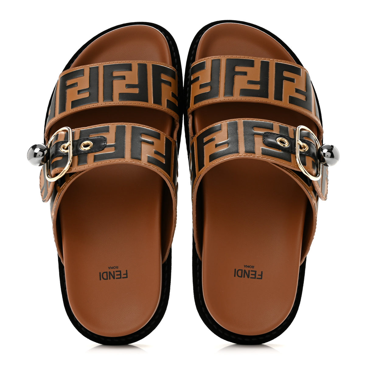 Calfskin FF Embossed Pearland Slide Sandals 37.5 Tobacco Moro
