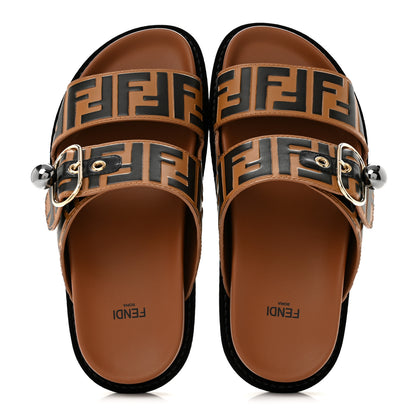 Fendi Calfskin FF Embossed Pearland Slide Sandals 37.5 Tobacco Moro 2 of 8