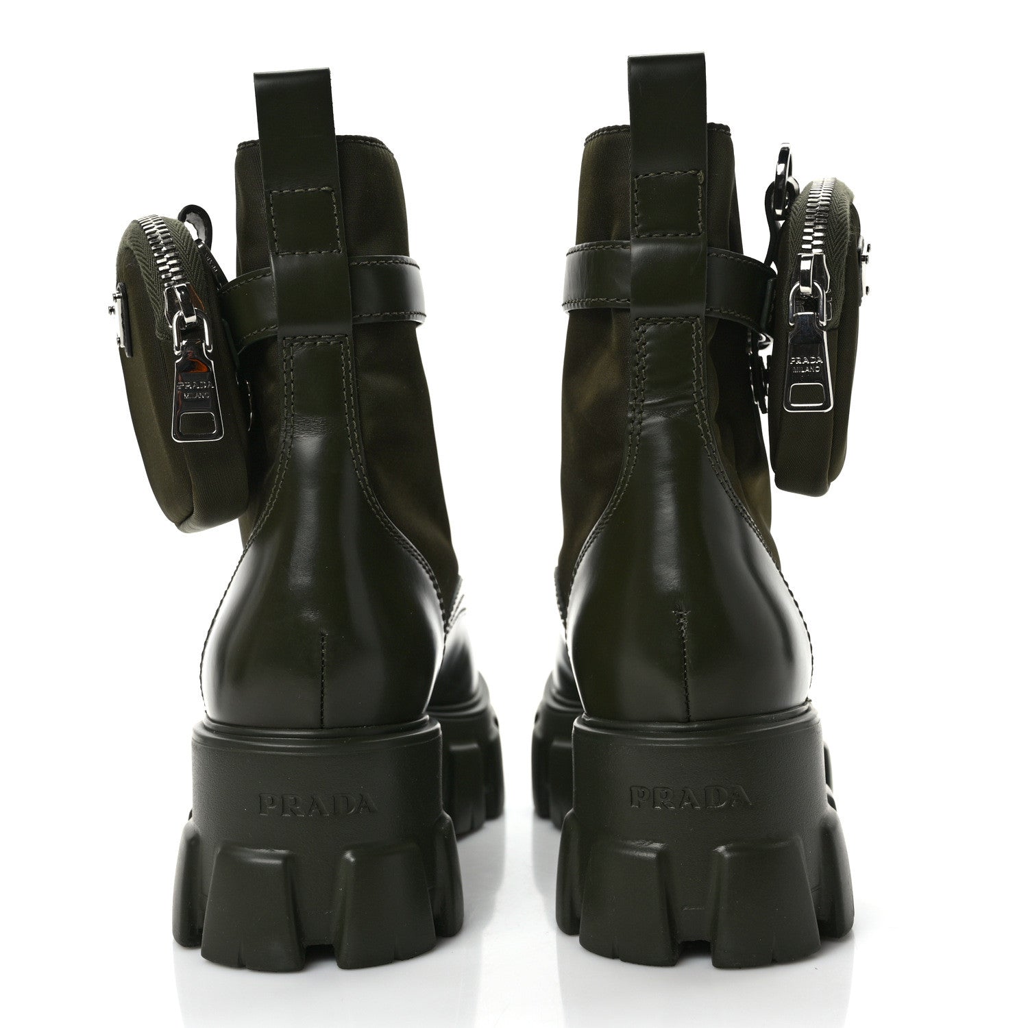 Prada Spazzolato Rois Re-Nylon Metal Triangle Logo Monolith Pouch Pocket 55mm Boots 38 Militare 5 of 9