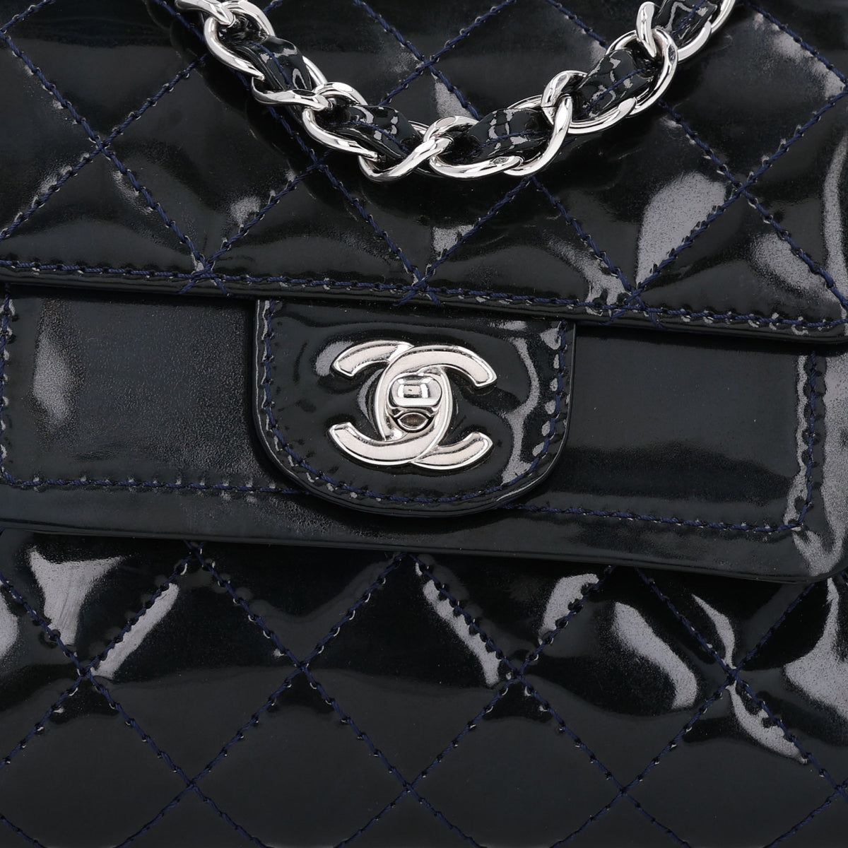 Patent Quilted Accordion Double Flap Navy Blue