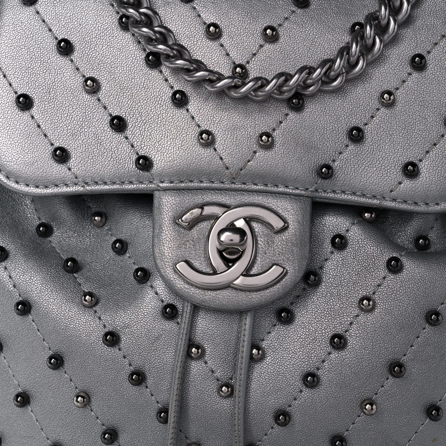 Chanel Metallic Lambskin Chevron Quilted Studded Stud Wars Backpack Silver 8 of 12