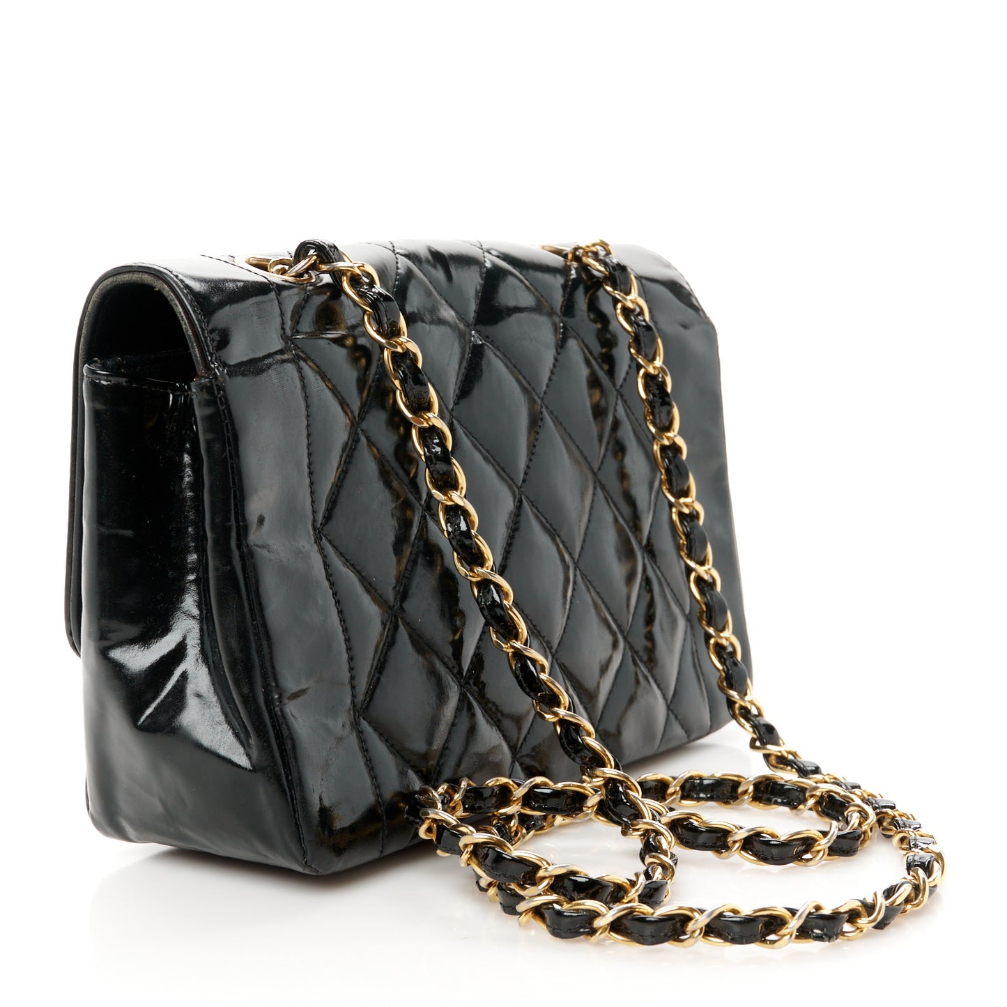 Patent Lambskin Quilted Small Single Flap Black