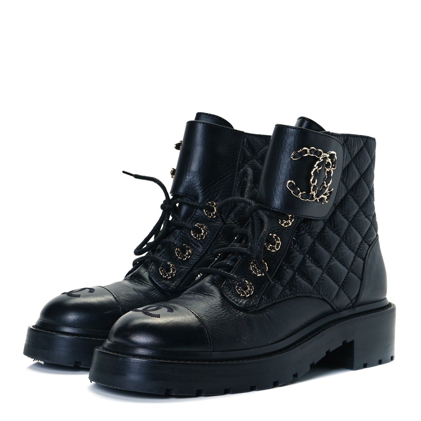 Shiny Goatskin Calfskin Quilted Lace Up Combat Boots 36.5 Black