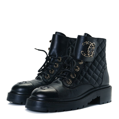 Chanel Shiny Goatskin Calfskin Quilted Lace Up Combat Boots 36.5 Black 2 of 9