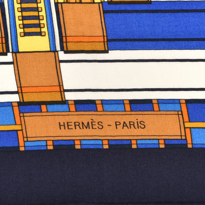 Hermes Cashmere Silk Voltes Et Pirouettes Shawl 140 Bleu Marine Gold White 2 of 6