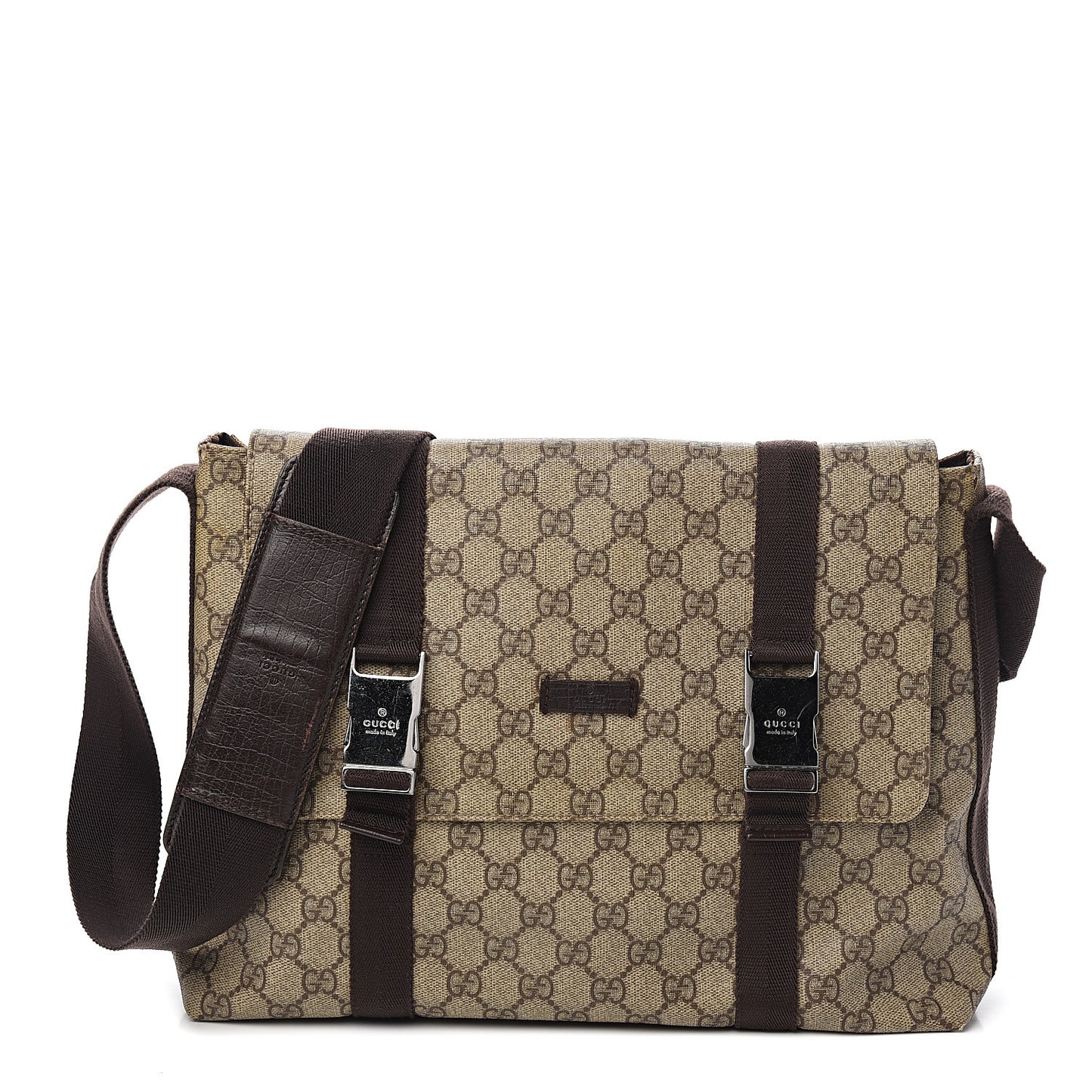 GG Plus Monogram Large Double Buckle Flap Messenger Bag Beige Dark Brown