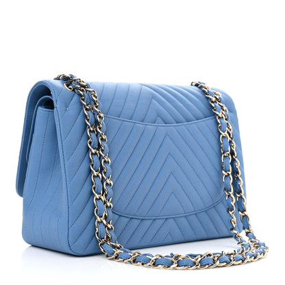 Chanel Caviar Flat Chevron Quilted Jumbo Double Flap Blue 3 of 14