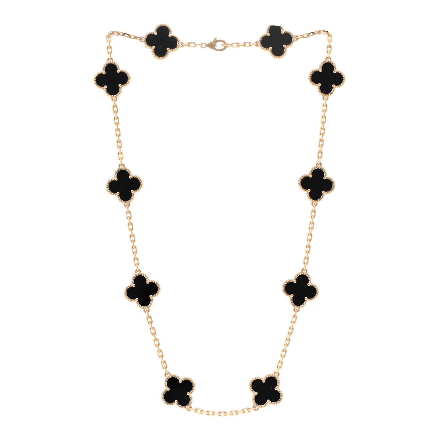 18K Yellow Gold Black Onyx 10 Motifs Vintage Alhambra Necklace