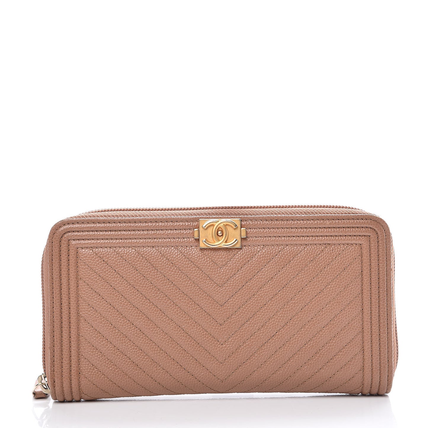 Caviar Chevron Quilted Zip Around Boy Wallet Light Brown