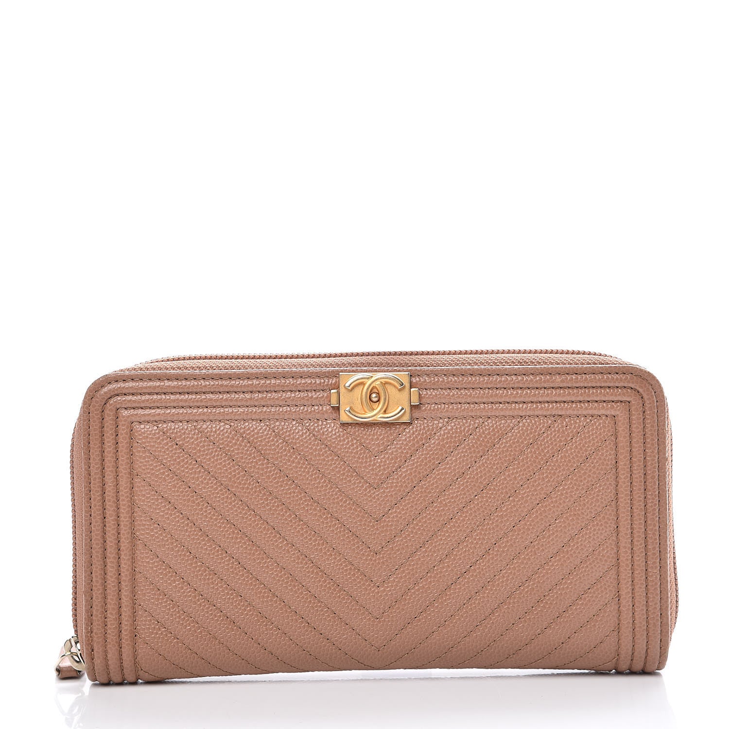 Chanel Caviar Chevron Quilted Zip Around Boy Wallet Light Brown 1 of 8
