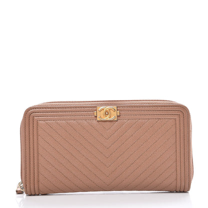 Chanel Caviar Chevron Quilted Zip Around Boy Wallet Light Brown 1 of 8