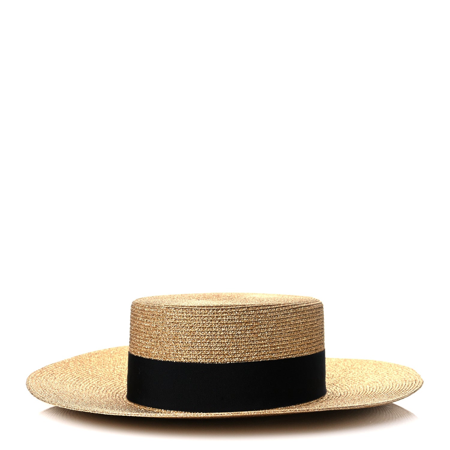 Gucci Glittered Straw Grosgrain Wide Brim Hat S Gold Black 1 of 9