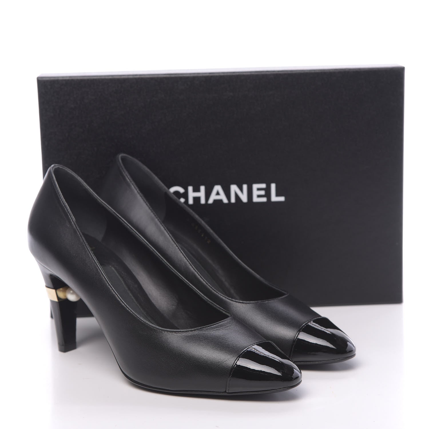 Chanel Lambskin Patent Cap Toe Pearl Pumps 38.5 Black 9 of 9