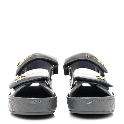 Chanel Shiny Calfskin Logo Platform Sandals 38 Grey 2 of 11